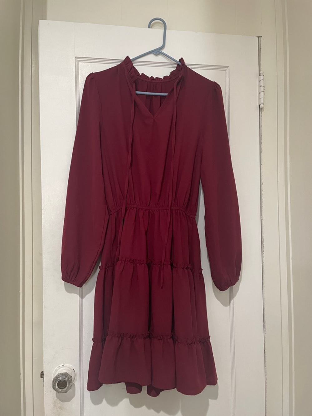 Women's Long Sleeve Ruffle Tiered Dress in Burgundy